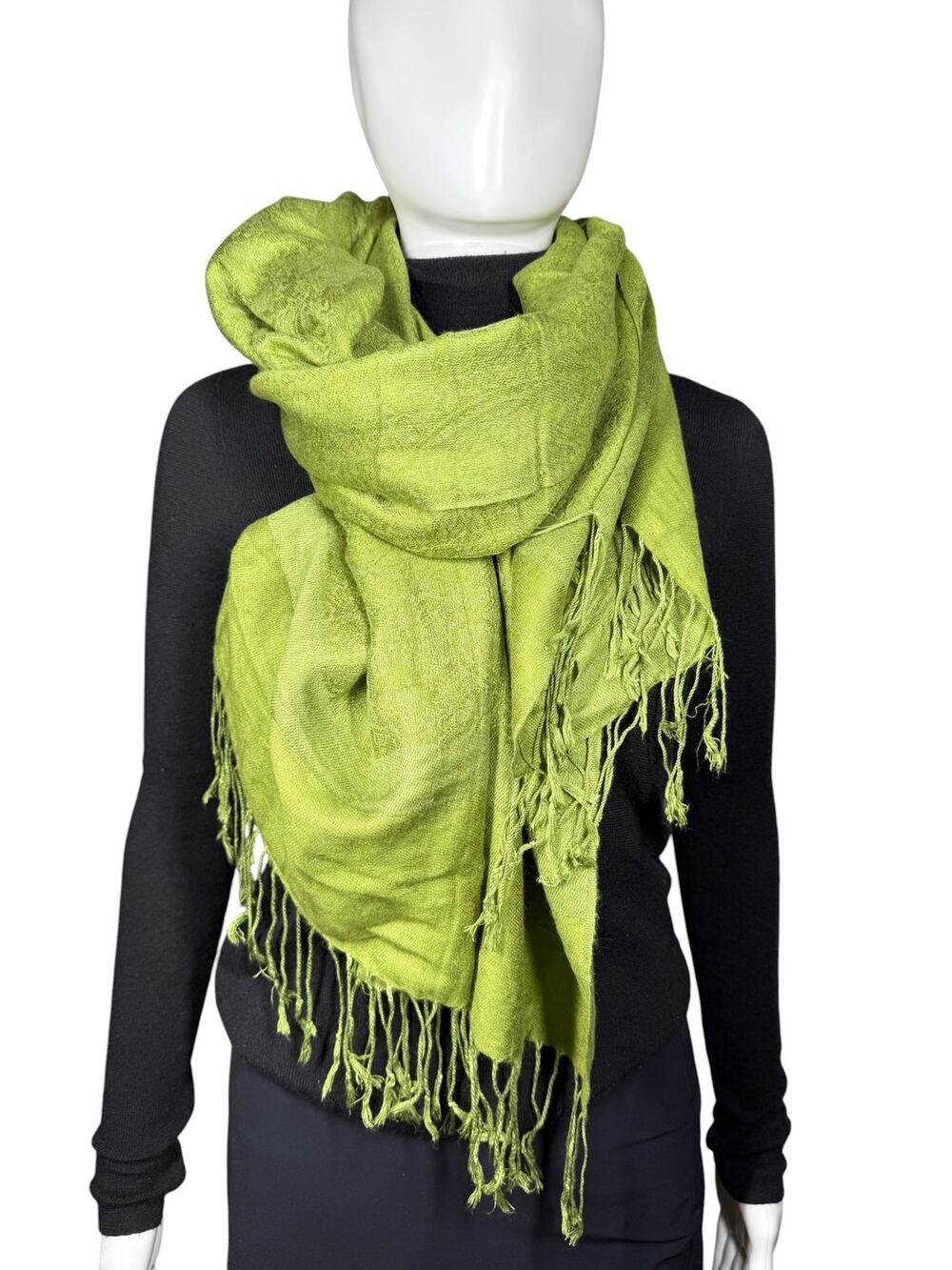 Cashmere Silk Pashmina Fringe Olive Green Paisley Scarf Wrap